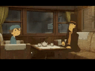 Layton and Luke discussing the train ticket in his cabin.