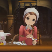 Rea in Il Professor Layton vs Ace Attorney al banco dei testimoni durante il primo processo