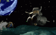 Baldino and Twinsen are about to escape the moon in Baldino's spaceship