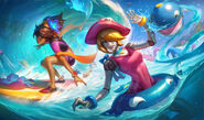 Pengu surfing or diving in Pool Party Orianna and Taliyah Splash