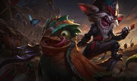  A Yordle named Kled riding his Drakalops mount named Skaarl.