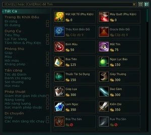 Các trang bị được trình bày trong cửa hàng