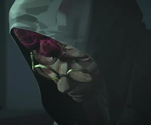 Huck, a Shimmer addict, struggling to conceal the purple tumors created by the drug on his head.