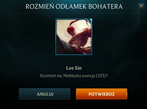 Rozmienianie odłamka Bohatera na Niebieską Esencję