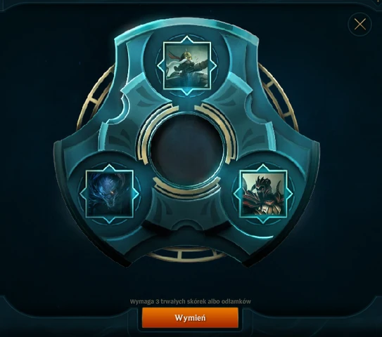 Rozmienianie trzech odłamków na jeden trwały przedmiot (w tym wypadku są to skórki Bohaterów)