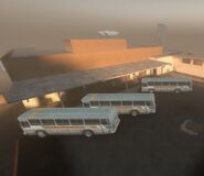 The buses CEDA was using for evac vehicles parked at the bus station