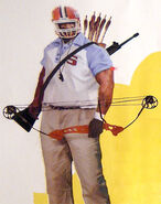 Early concept art of Coach with a football helmet and a compound bow.