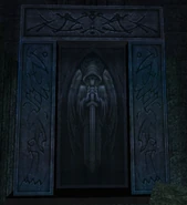 Warp Door with winged Prison Guardian and downturned sword mural