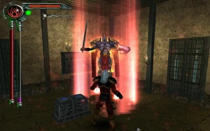 Kain uses Immolate on a Glyph knight in the Wharves