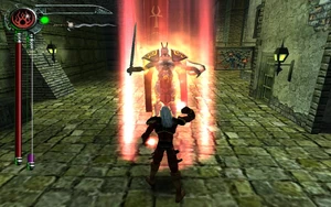 Kain uses Immolate on a Glyph knight in the Wharves