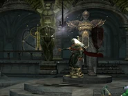 The final placement of the sword on the courtyard statue