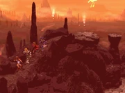 Firebird flying towards Dart and friends as they run from it.