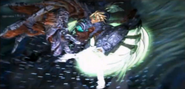 Dart preparing to use Divine Dragon Cannon on a Virage in a pre-rendered cutscene