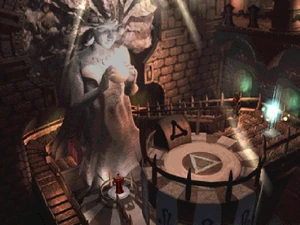 A statue of Empress Karina in the Black Castle, with  standing before.