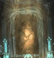 A portrait of a Queen and a baby in the captain's cabin.