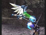 Meru attacking a monster with her hammer in Dragoon form