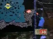 Jeremy is foolishly taking a shortcut (which counts as cheating) to the goal in the boys' temple game.