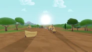 The sun above the Pumpkin Farm buildings, with both NPCs visible