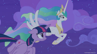 Season 8 promo image - Twilight and Celestia flying at night