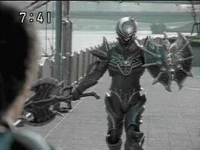 Zeltrax holding a battle axe in his left hand and a metal shield in his right hand.