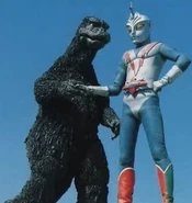 Zone Fighter and Godzilla after a fight