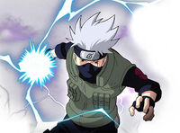 Kakashi using his signature electricity based chakra move Chidori. It forms into the shape of a sword of electric chakra elemental energy.