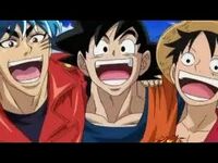 Toriko hanging out with Goku and Luffy in the three anime crossover original video animation.