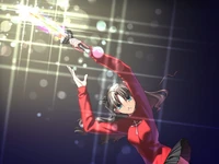 Rin Tohsaka with the Jewled Sword of Zelretch. It can absorb mana around her and from multi-universes to make her weapon as strong or stronger than her foe. The weakness is it doesn't make Rin Tohsaka stronger and it hurts her muscles when she uses it for the first time.