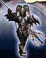 Silkmoth Fangire. It wields a trident and shoots magical energy blasts out of it.