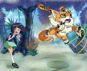 Young Meiko Mochizuki and Meicoomon in Hang in There, Meicoomon