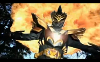 Kamen Rider Wrath's Final Vent where his Gold Phoenix advent beast picks him up with its talons and then Gold Phoenix sets himself in flames onto his masters back as Kamen Rider Wrath's body is engulfed in a superheated fireball where he flys off forward down to headbutt into his flamed body to create a huge powerful explosion to finish his opponent off.