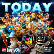 Nya alongside Batman, Gandalf, Wyldstyle, Zane, Gimli, Legolas, Cragger. Eris. Benny, Wicked Witch, Laval, Gollum, Owen Grady, Homer Simpson, Chell, Marty McFly, Cyborg, Scooby-Doo, Shaggy, Emmet, Bad Cop, Jay, Wonder Woman and ACU Trooper on a promotional picture for the release of Wave 1