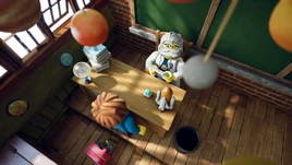 Mr. Oz und Mateo schauen an die Decke zum Sonnensystem