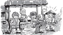 Garmadon mit Wu, Hana und Obachan am Knödelstand.
