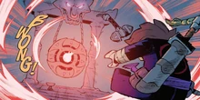 Die Wucht des Schlages schleudert Garmadon aus dem Dojo.
