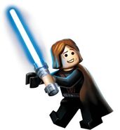 Anakin Skywalker wields his blue lightsaber in LEGO Star Wars: The Complete Saga.