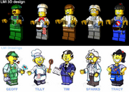 Concept and model art for the main characters of LEGOLAND, including Jonathan Ablebody