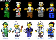 Concept and model art for the main characters of LEGOLAND, including Rosie