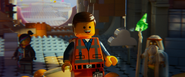 Emmet speaking to an assembly of The LEGO Movie's protagonists.