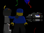 The final scene in LEGO Racers, where he gives the player his car.