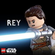 Promotional screen of Rey from LEGO Star Wars: The Skywalker Saga.