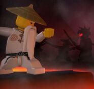 Sensei Wu fighting Lord Garmadon's Shadows