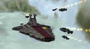 Super Battle Droids flying towards a Star Destroyer.