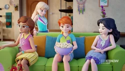 The girls see the popcorn.