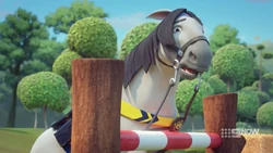 Barney stops at the jump obstacle.