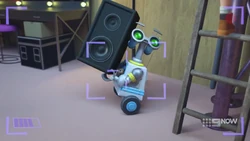 Zobo caught one of the speakers as it fell off the support.