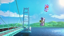 The bus floating away while tied to a parade balloon was not part of the plan!