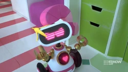 Zoe annoyed that she has a banana peel for a hat.