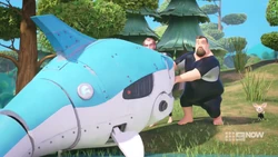 Ricky and Joey just realised the girls are watching them pull the Roboshark out of the lake.