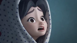 Terrified Emma in security blanket.